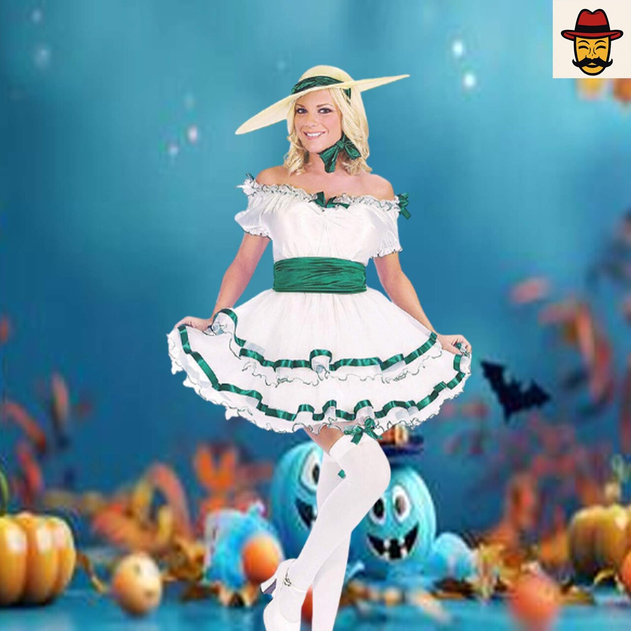 Womens Southern Belle Costume White Dress with Green Ribbon Trim Halloween Party